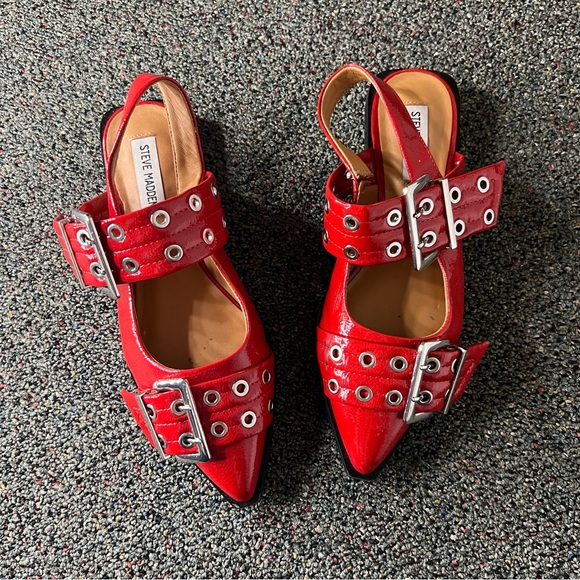 STEVE MADDEN Red & Silver Buckle Patent Leather Ganni Pointed Toe Flat Shoes 8 - Picture 14 of 16